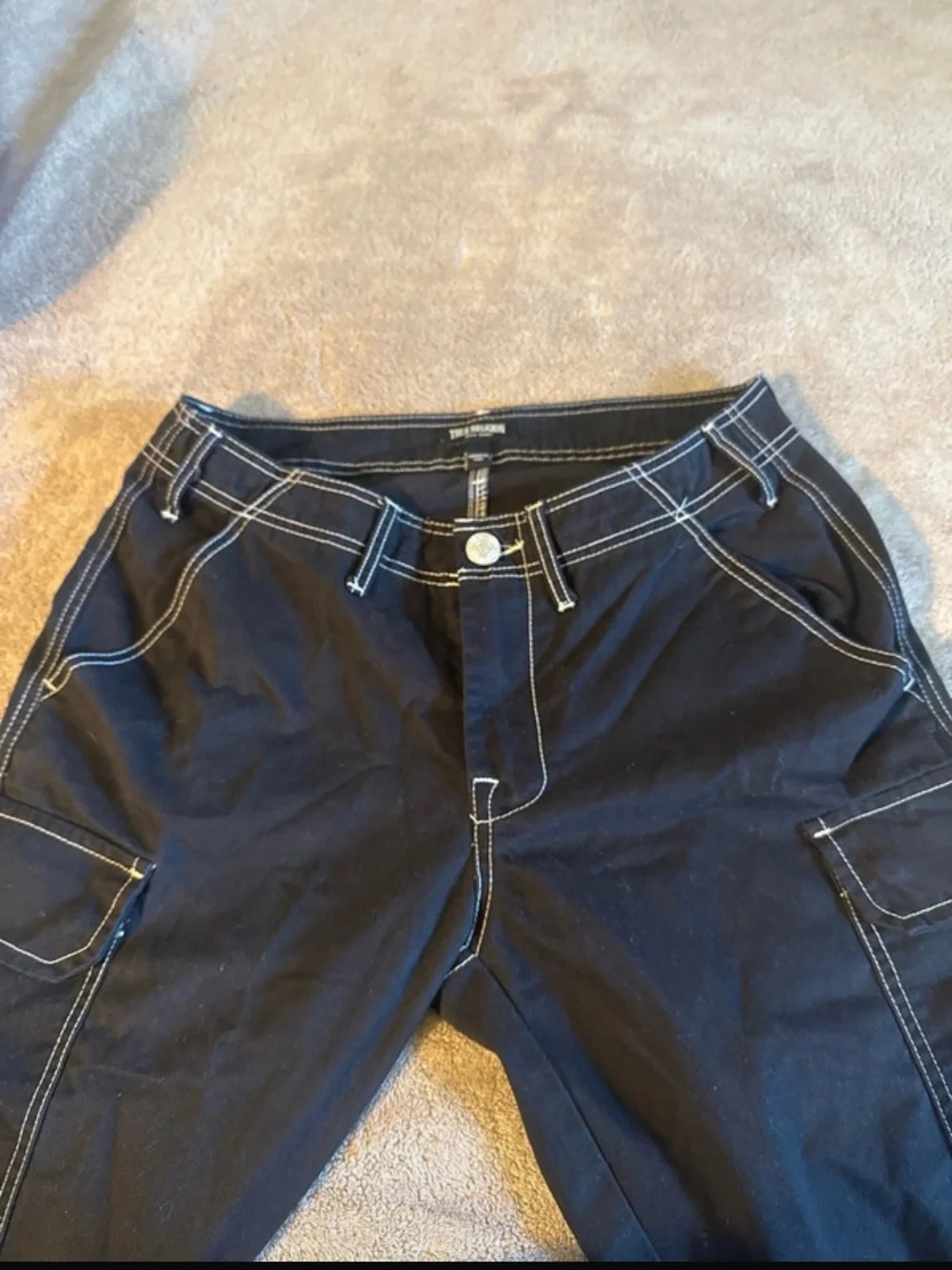 True Religion Black Cargo Pants with Contrast White Stitching